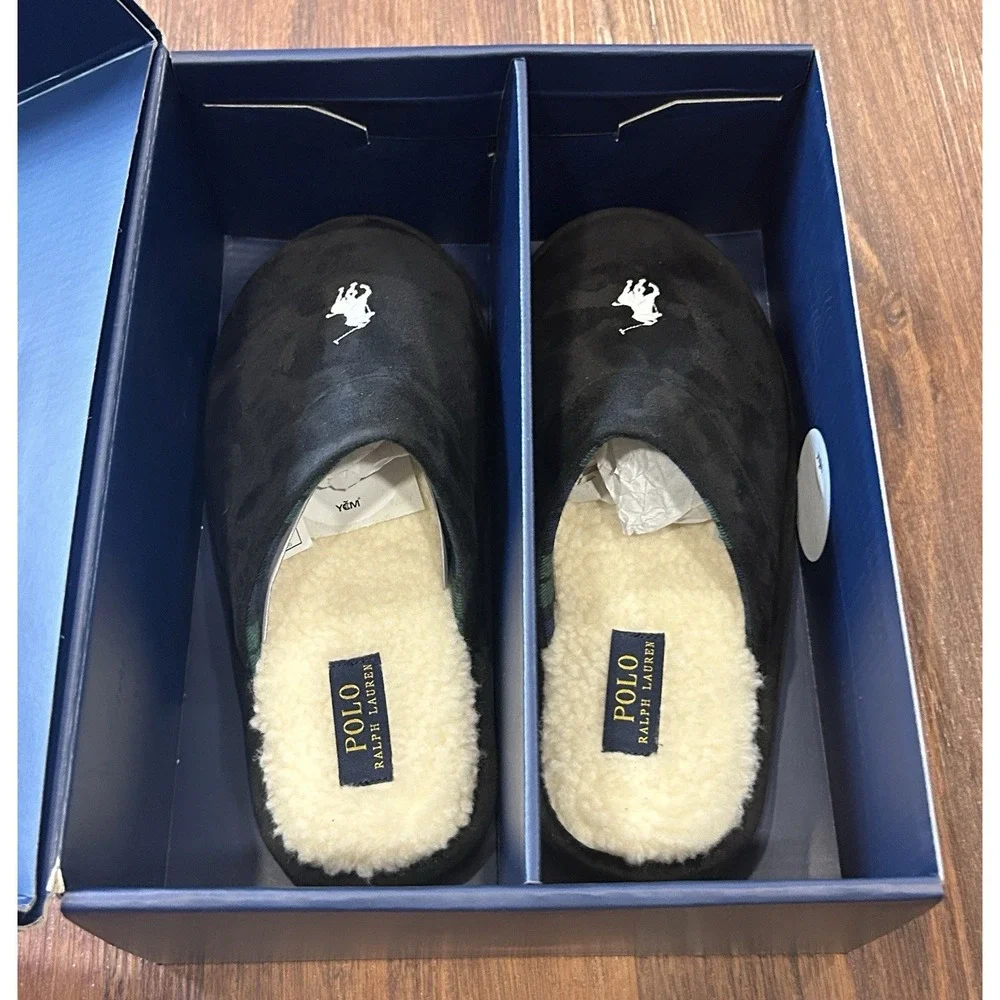 Polo Ralph Lauren Men's Klarence Scuff Slippers Black, White Pony Sz 8 New
